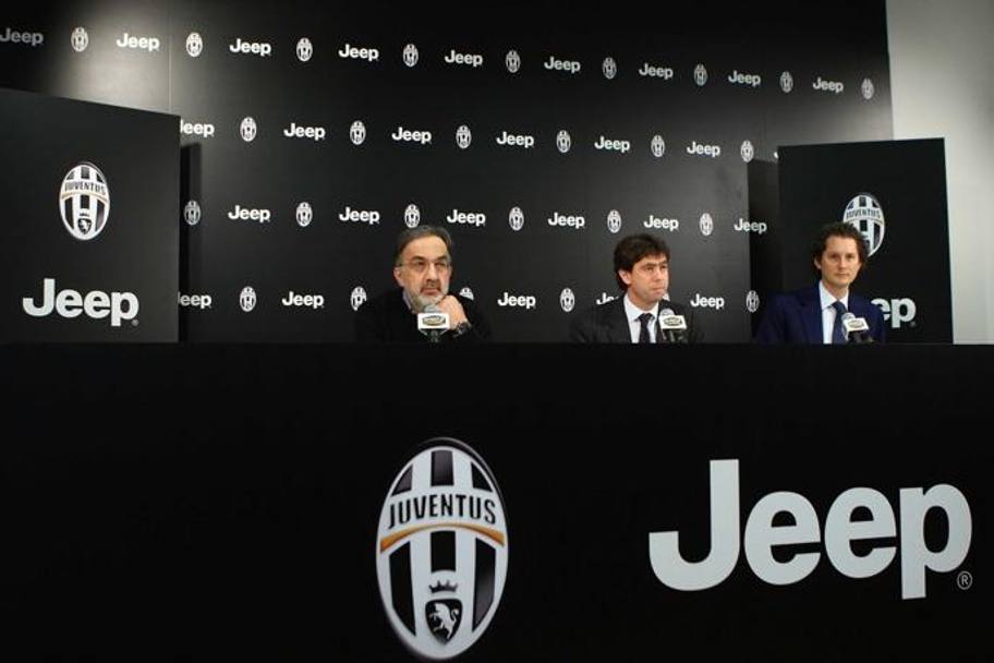La Jeep  sponsor della Juve, alla conferenza stampa partecipa Marchionne con Andrea Agnelli e John Elkann, aprile 2012. LaPresse